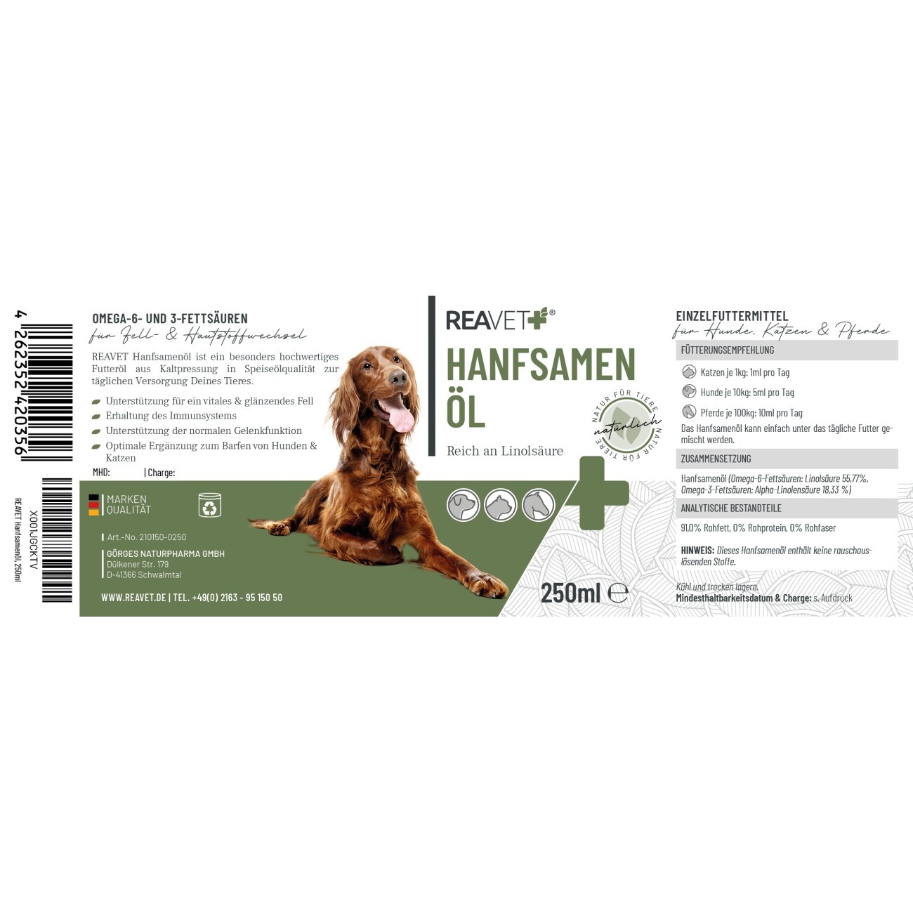 REAVET Hanföl naturrein 250 ml
