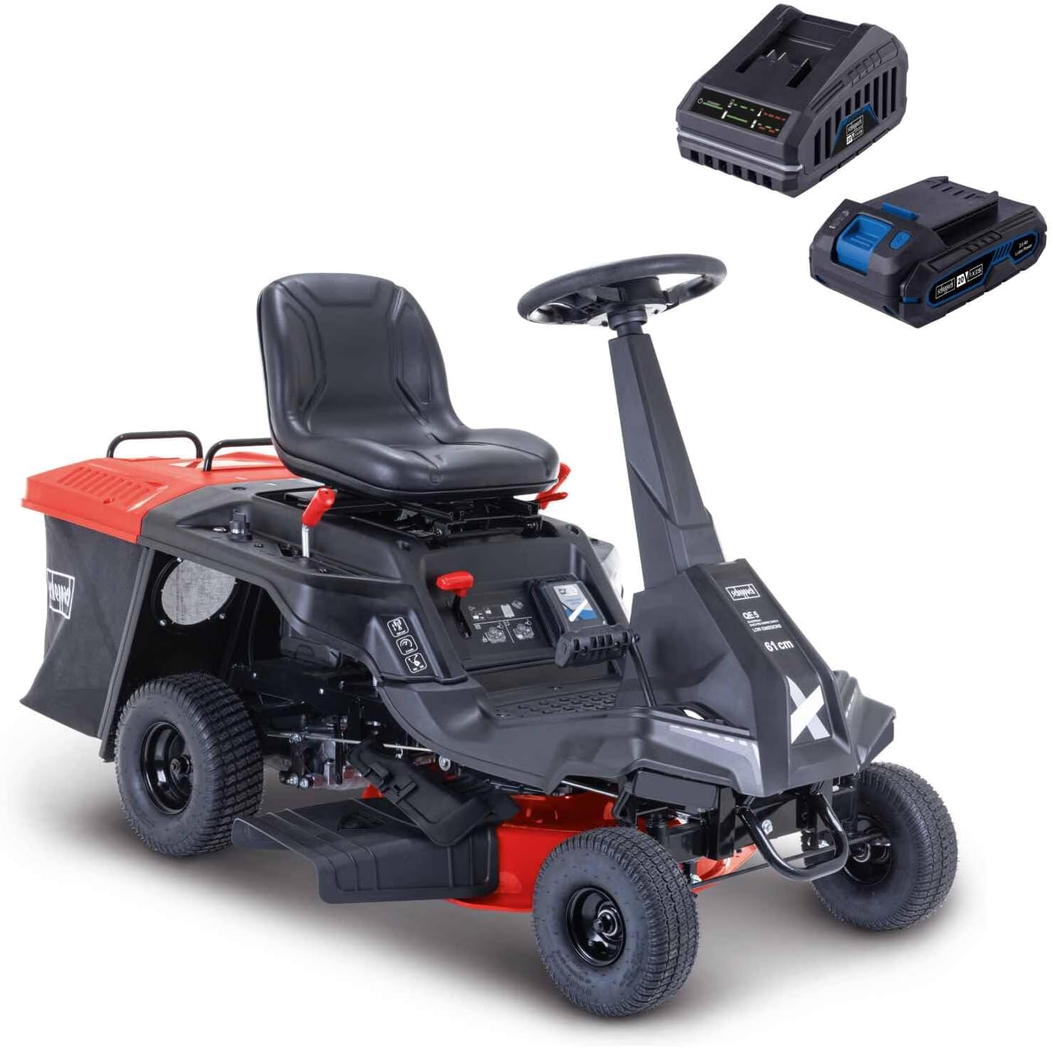 Scheppach Benzin Rasentraktor Aufsitzmäher MR225-61 | 6PS | E-Start | Schnittbreite 61cm | Schnitthöhe 35-75mm | 150L Fangbox | 4xVor- / 1xRückwärtsgang | Rasenmäher Aufsitzrasenmäher