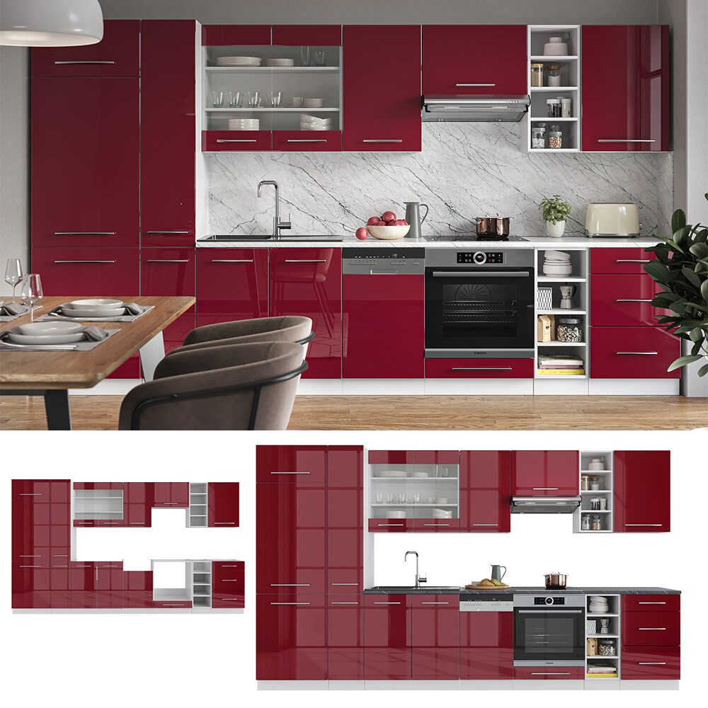 Vicco Küchenzeile Küchenblock Einbauküche 355cm Fame-Line Bordeaux Hochglanz