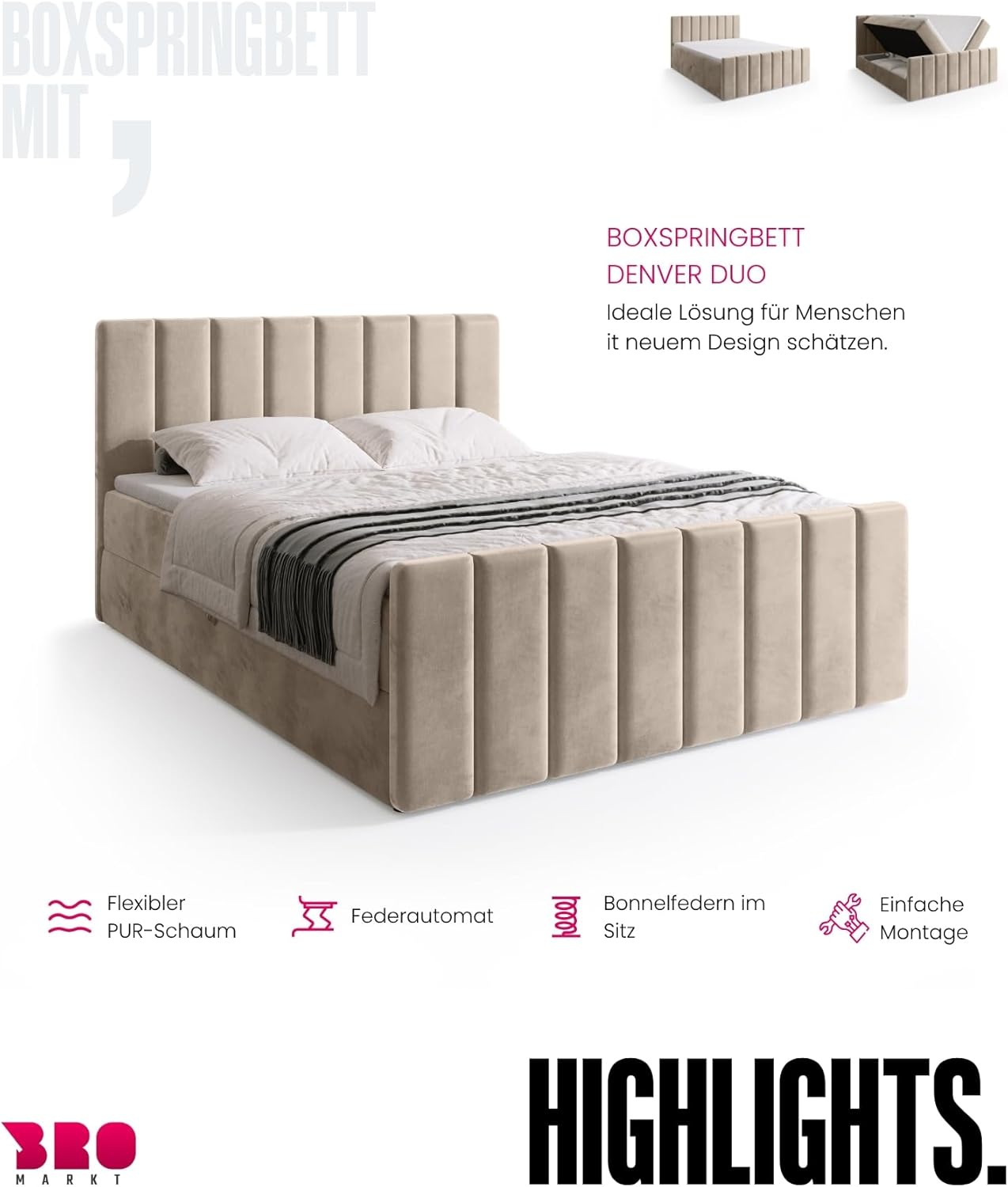 BROMARKT Boxspringbett mit Matratze Bett 180x200 Beige Doppelbett mit Topper Boxbett mit Stauraum Polsterbett mit Bettkasten Kopfteil Denver Duo Härtegrad H3