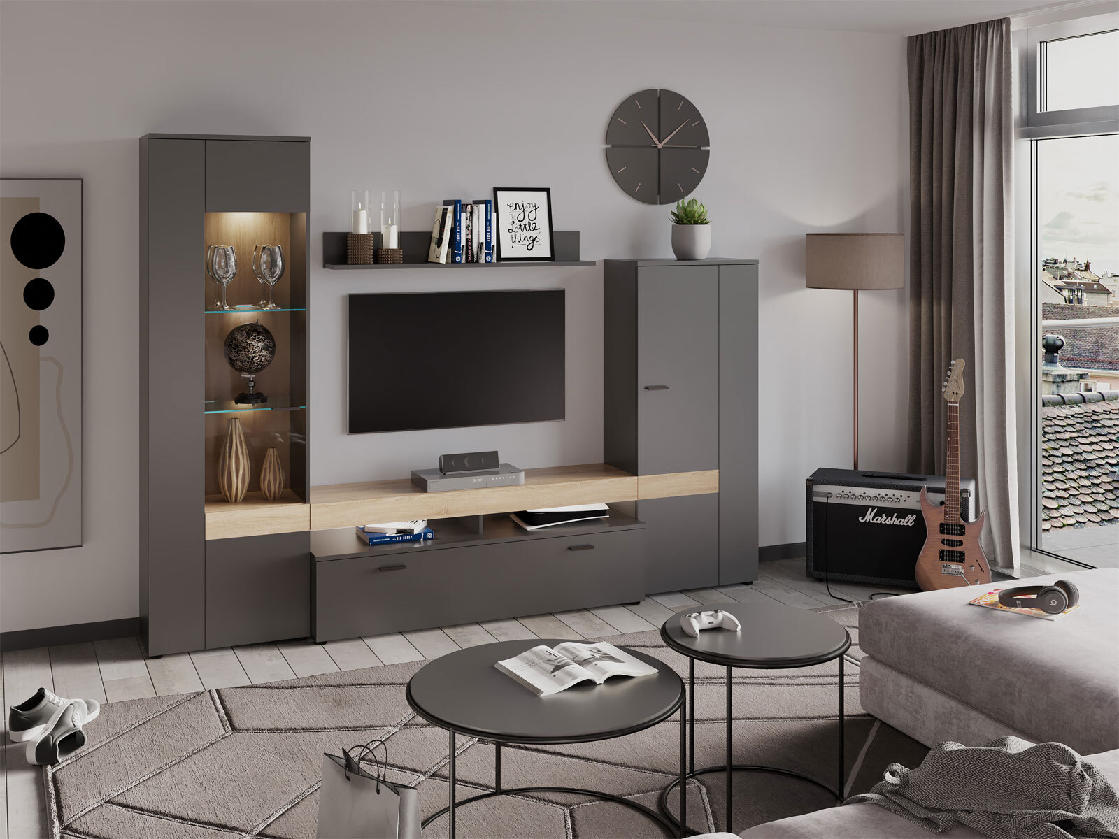 Wohnwand Ego Anthrazit/Braun 260x195x43 cm