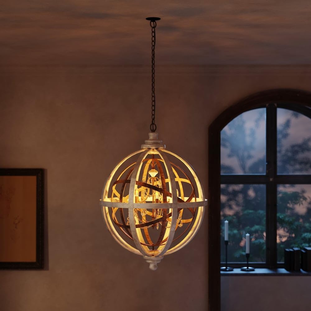 Homary Retro Rustikaler Kronleuchter mit 3 Leuchten, verstellbare industrielle Deckenleuchte mit verwittertem Holz, Metallkugel und Kristallakzenten für Kücheninsel, Esszimmer & Schlafzimmer