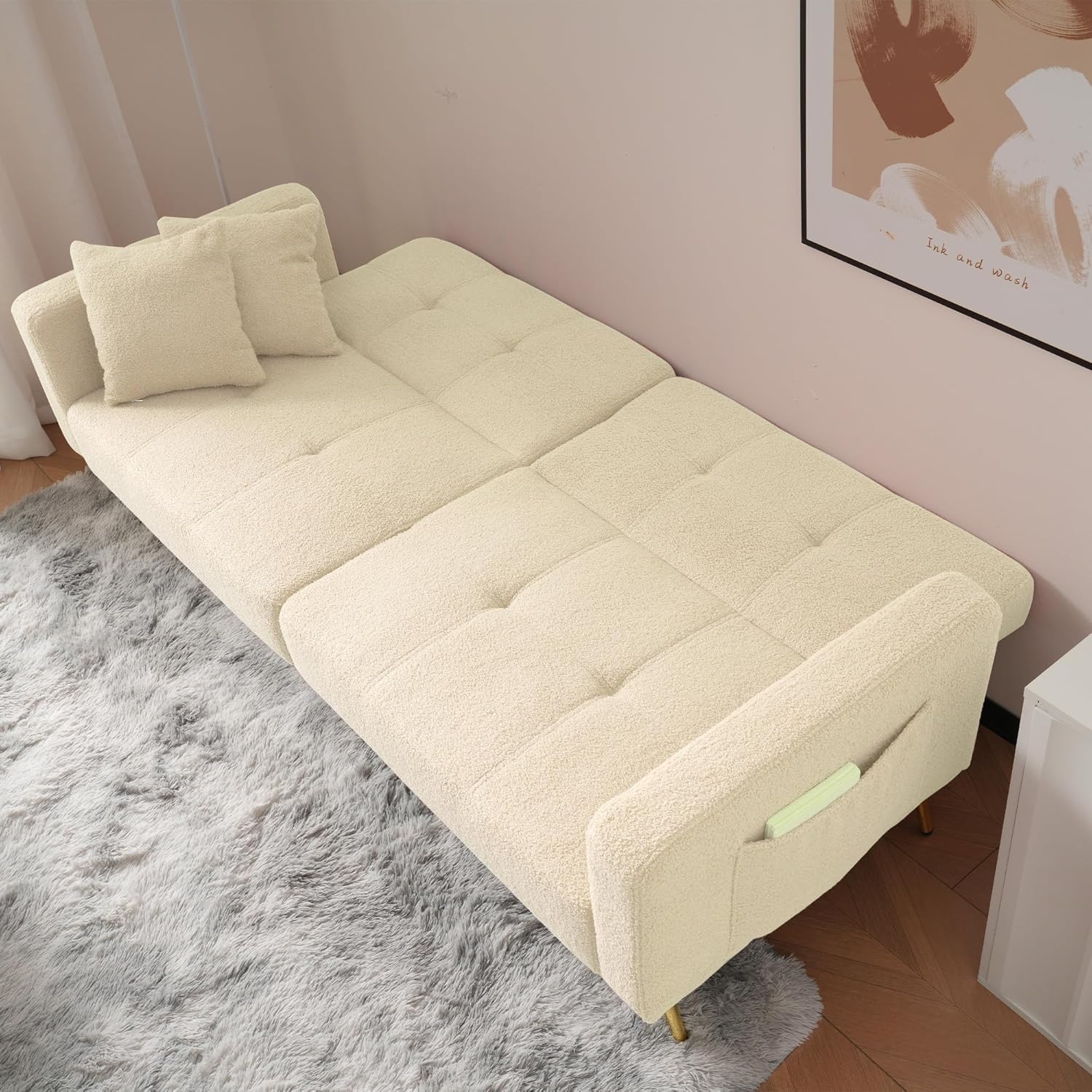 2-in-1 Schlafsofa Sofa Couch mit Schlaffunktion, Verstellbarer Rückenlehne, goldenen Beinen, mit Kissen (Beige)