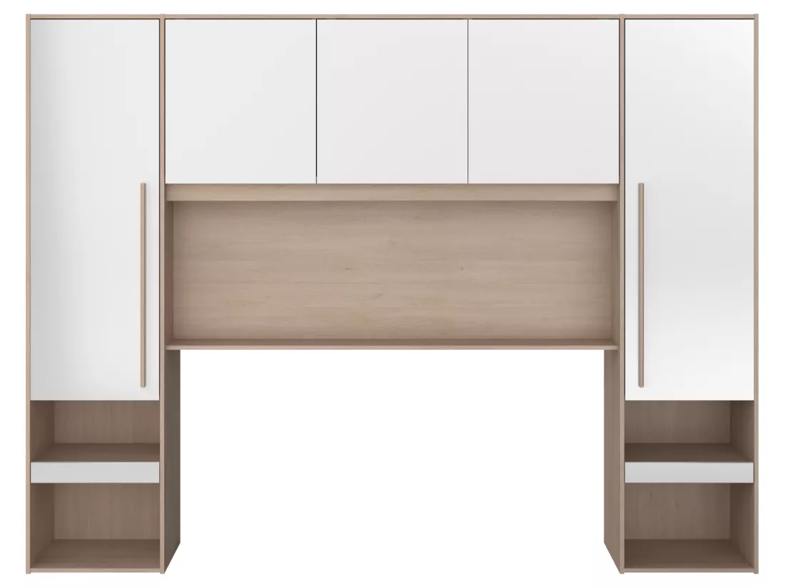 Lit pont 140 x 190 cm avec rangements - avec LEDs - Coloris : Naturel et blanc brillant + Sommier - VELONA