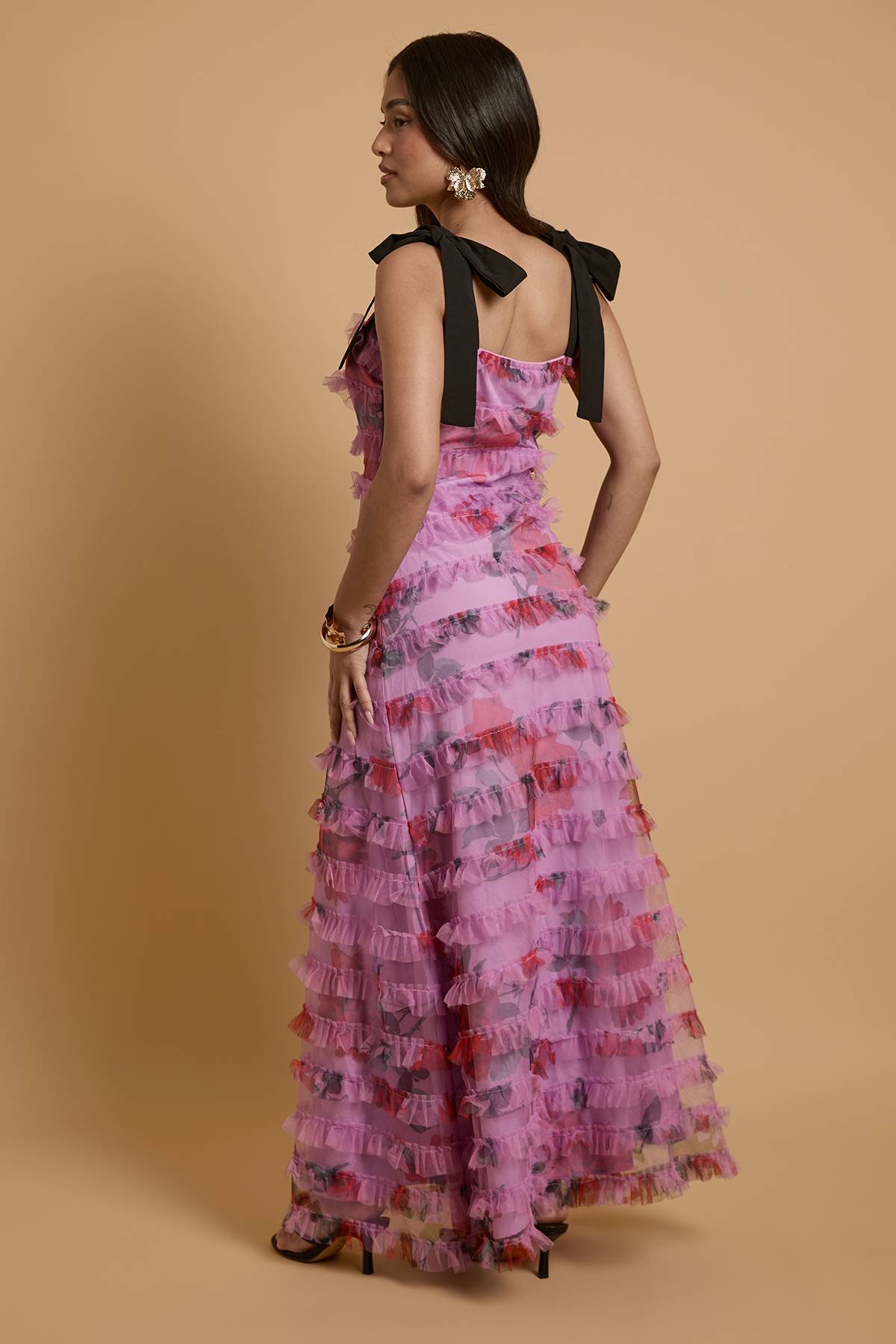 Oasis Robe Maxi Petite En Mesh À Volants Imprimé Avec Liens Aux Épaules