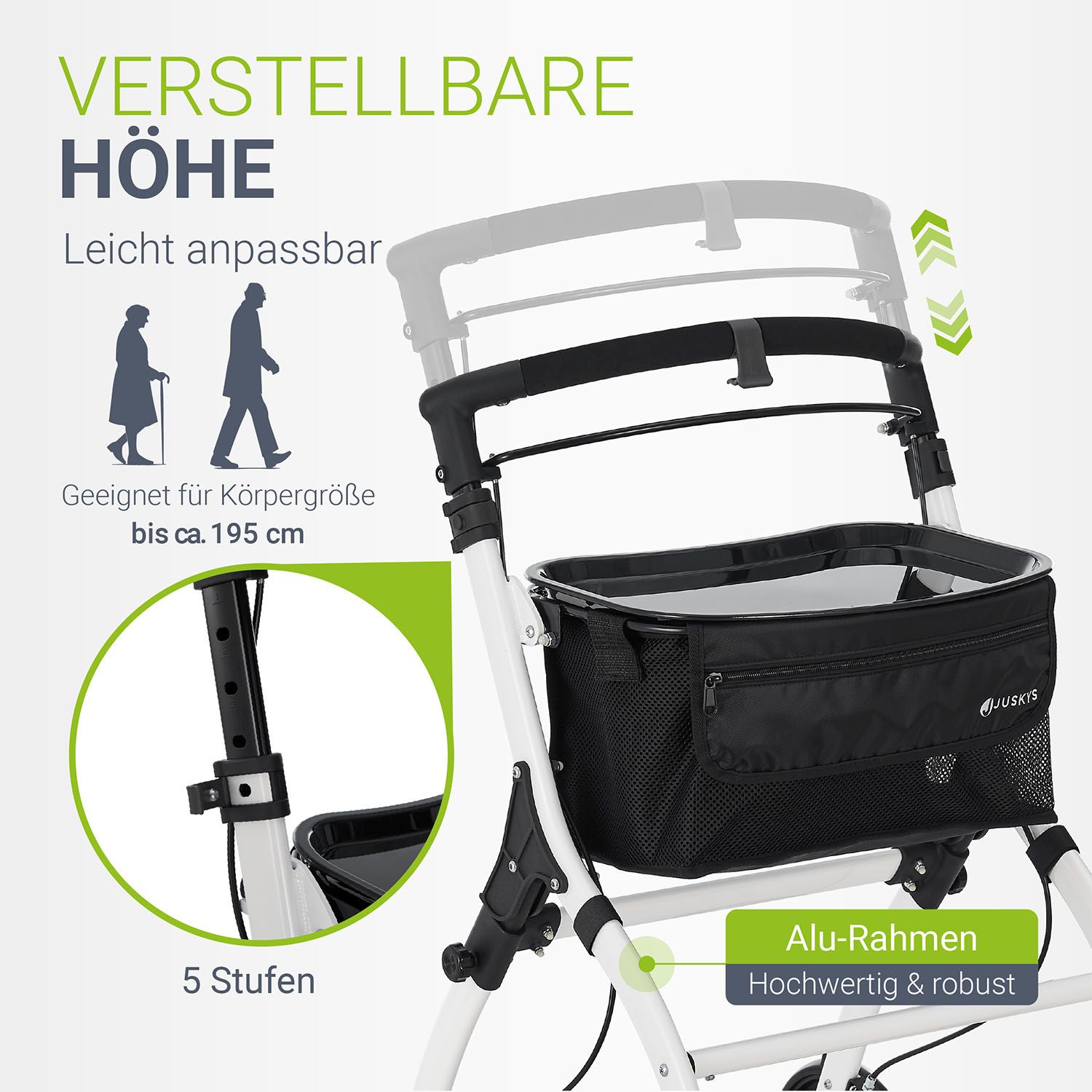 Juskys Aluminium Wohnungsrollator Aktiv - Tasche & Tablett - Rollator schmal & faltbar - Weiß