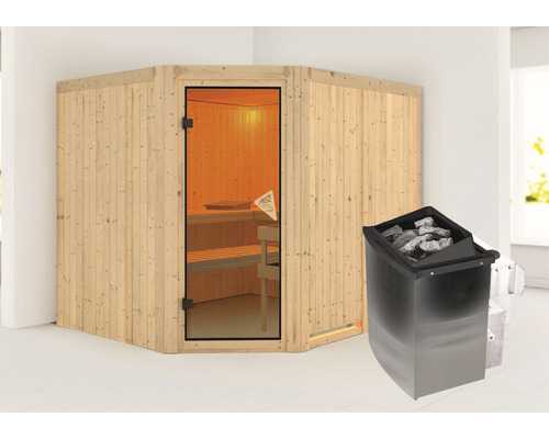 Karibu Malina modulaire sauna inclusief 9 kW kachel en geïntegreerde bedieningseenheid, zonder dakrand, gebronsde volledig glazen deur