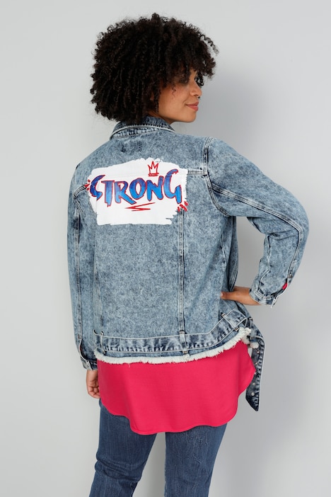 Jeansjacke, Used-Look, Rücken-Print, Zierzipper, Fransensaum