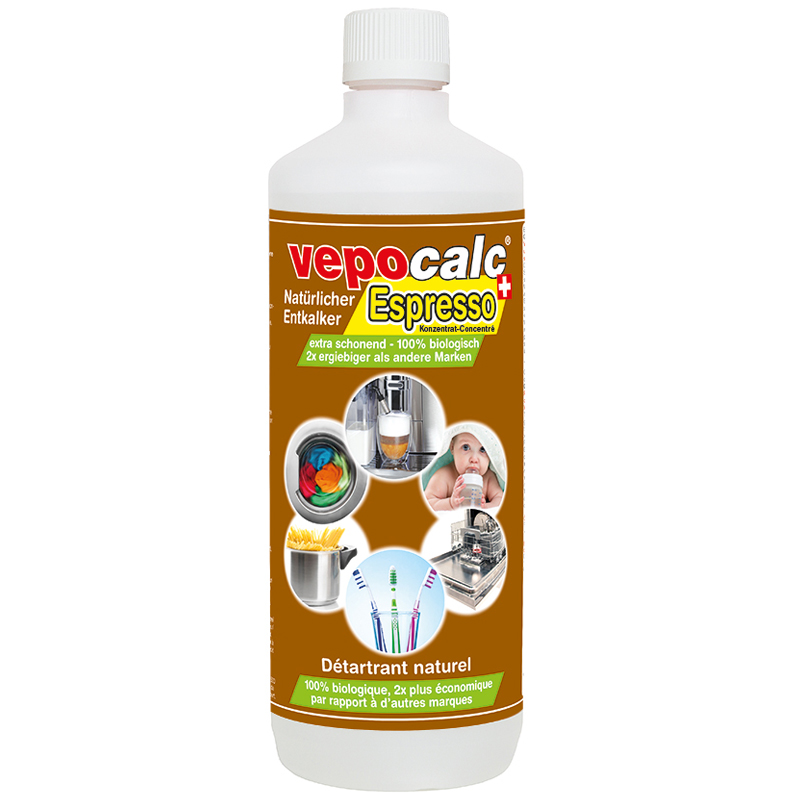 VEPOCALC Espresso Natürlicher Entkalker<br>1000 ml, Flasche, für alle Kaffeemaschinen Elektrogeräte 100% biologisch abbaubar