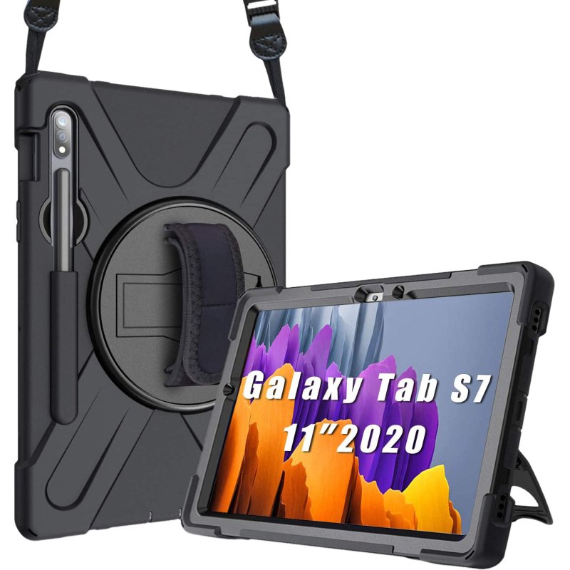 DLH Coque renforcee avec bandouliere, poignee rotative et pied support pour Samsung Galaxy Tab S7 (SM-T870 / SM-T875 / SM-T876)