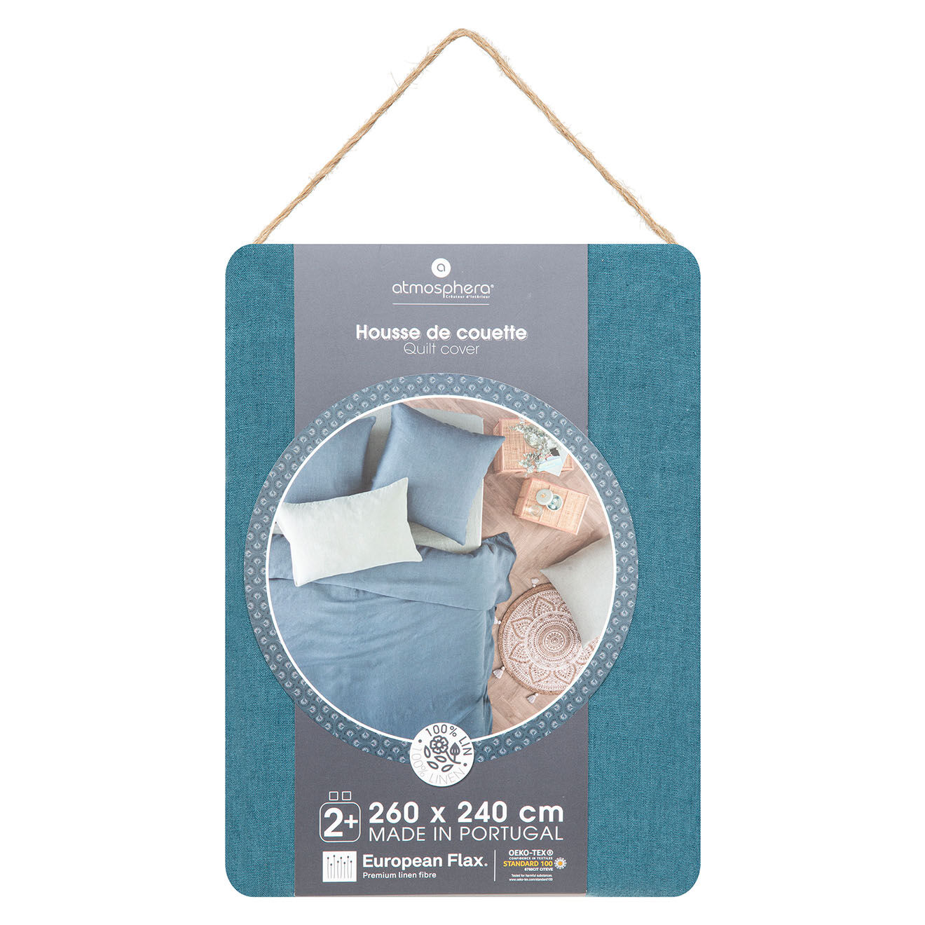 Atmosphera Housse de couette Linah en lin lavé bleu canard