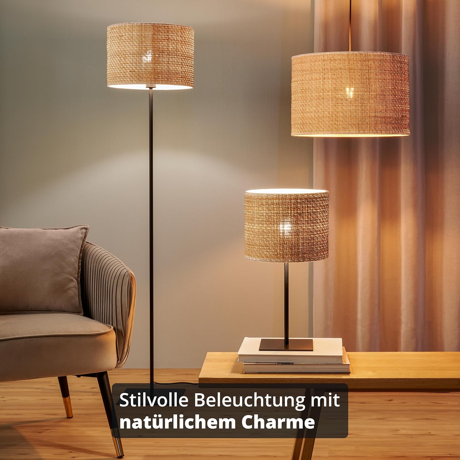 KHG Stehleuchte, 1-flammig, schwarz, Höhe 160 cm, modernes Design mit Rattanschirm, eleganter Look für Wohnzimmer, Schlafzimmer oder Büro, stimmungsvolle Beleuchtung, passend für E27-Leuchtmittel