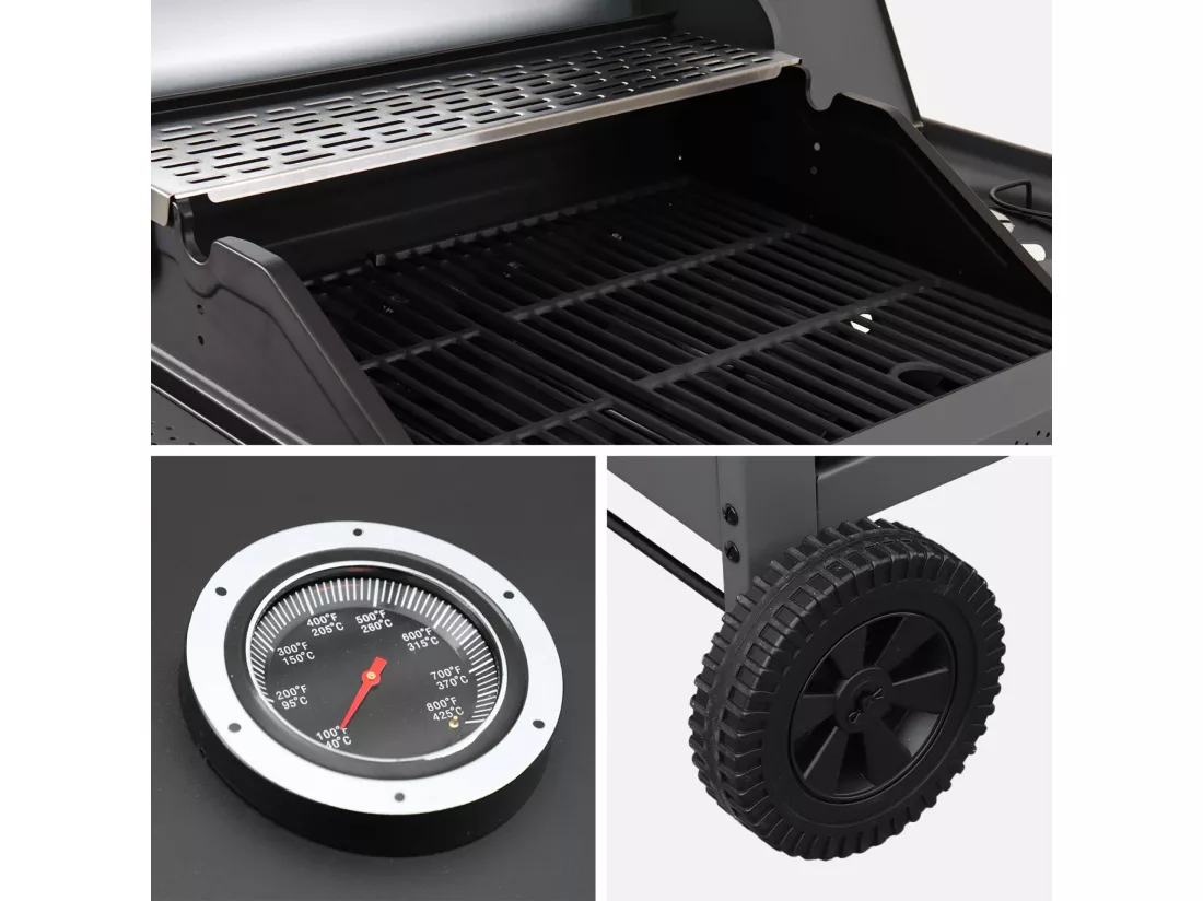 Barbecue au gaz Edmond noir. 4 brûleurs + 1 feu latéral. avec thermomètre. L 122x P62 x H143 cm