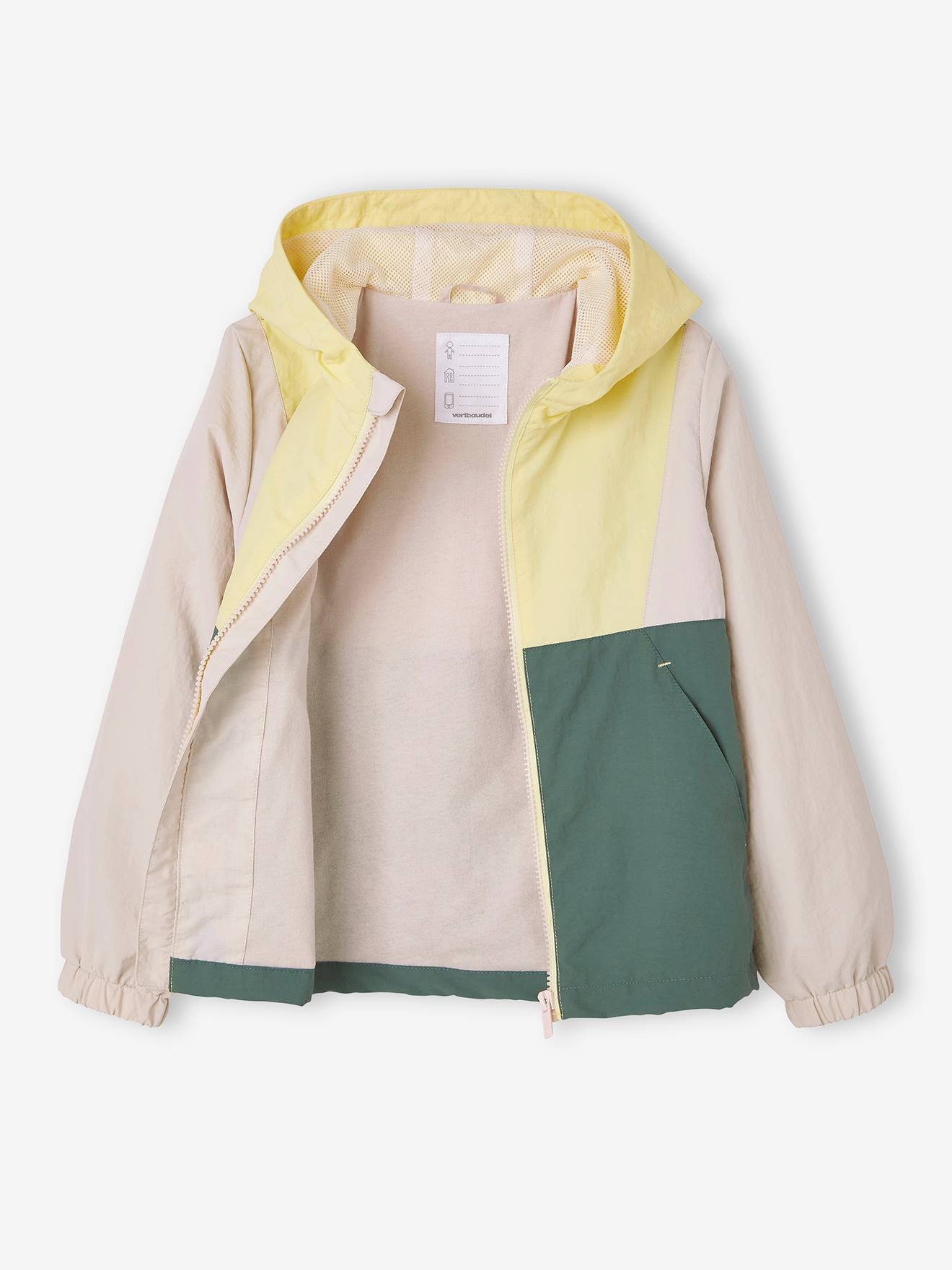 Jaqueta corta-vento com capuz e efeito colorblock, para meninos, bege claro liso com estampas.