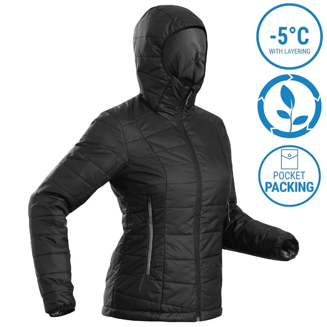 Decathlon Forclaz - Jaqueta acolchoada feminina Forclaz para mochilão em montanha com capuz - MT100 23°F