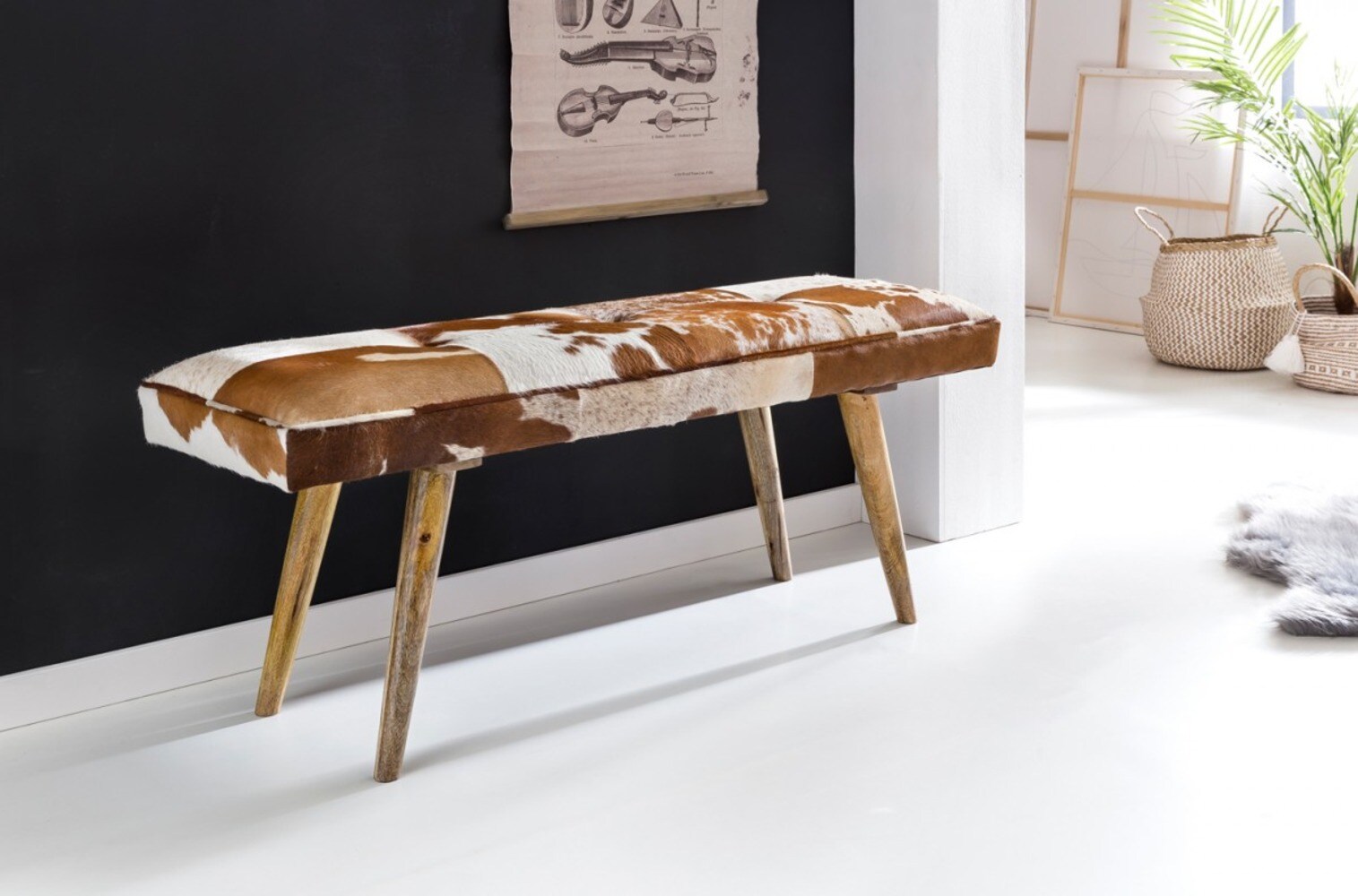 KADIMA DESIGN Sitzbank im Landhausstil mit Ziegenfellüberzug, echtes Leder, Mango Holz, 220 kg Belastbarkeit