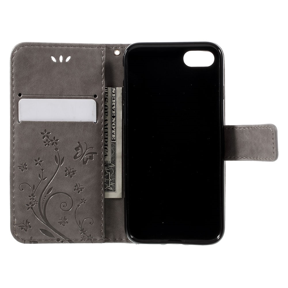 iPhone SE (2022/2020) / 8 / 7 Leder Tasche mit Kartenfach   Handschlaufe Butterfly Flowers - Grau