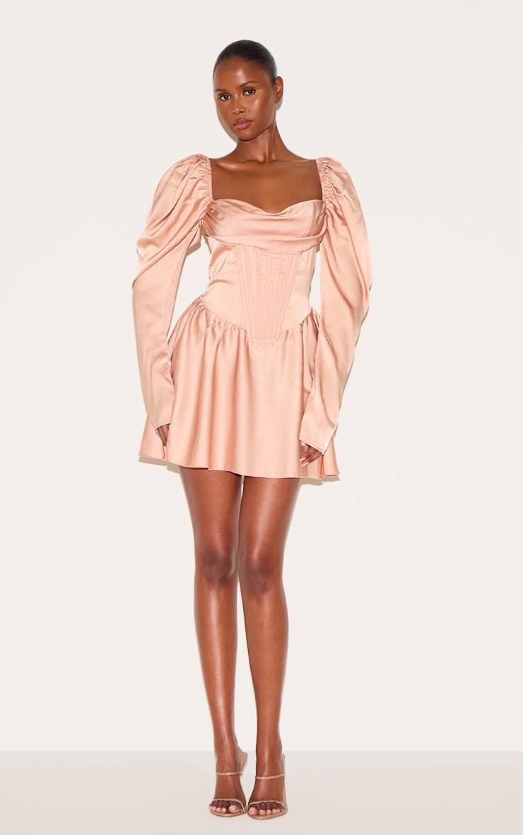 Dusty Peach Robe Patineuse Bouffante À Détail Corset En Satin