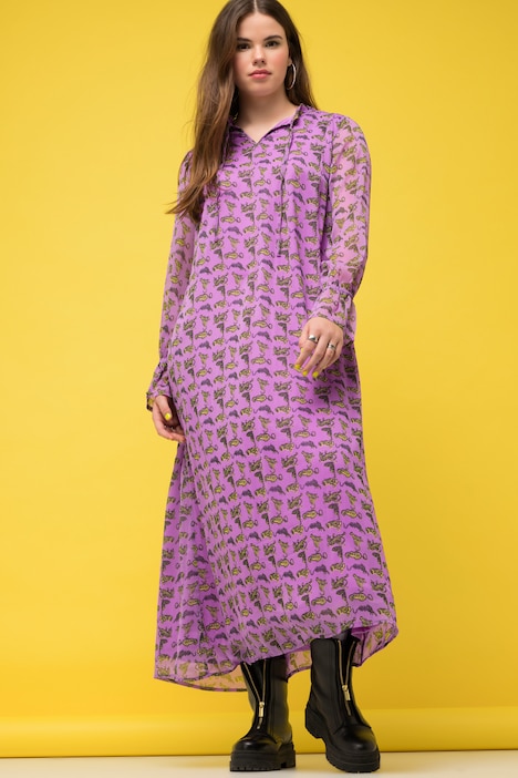 Maxikleid, A-Line, Chiffon, Tiger-Print, Volants, Rüschenkragen, Langarm