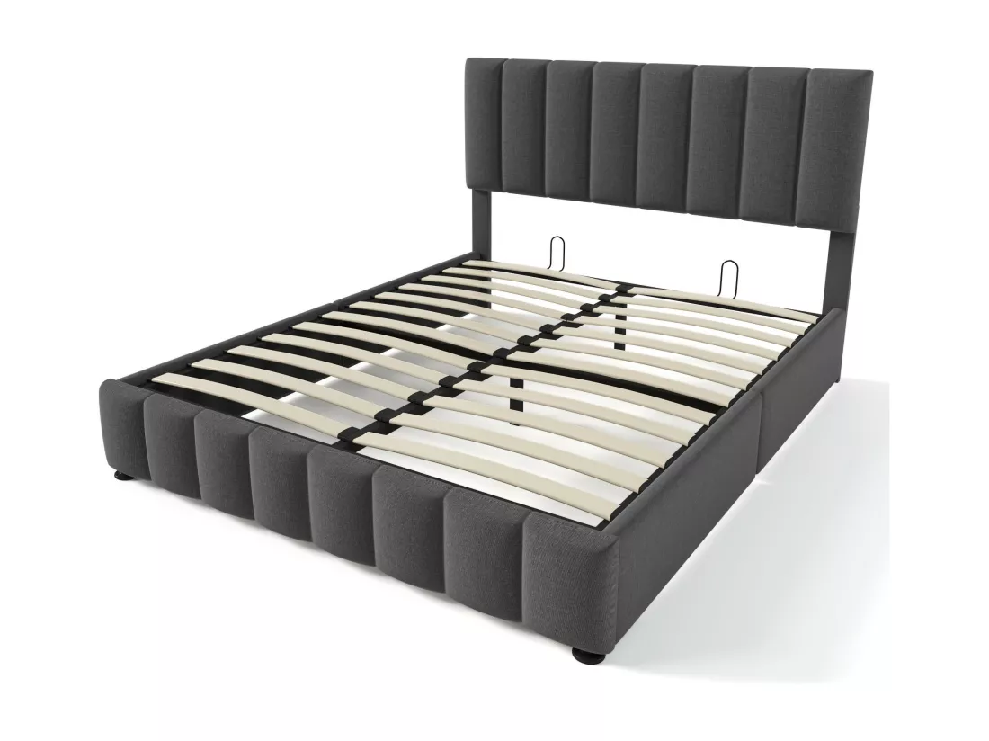Lit double coffre 140x200cm tissu lin gris foncé, tête de lit réglable avec sommier à lattes rangement (sans matelas) IKKEK