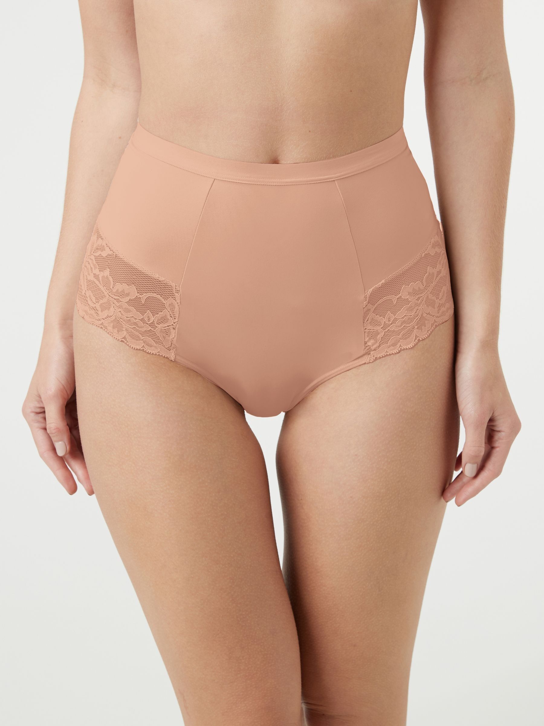 Zwart/praline huidskleur - Verpakking van 2 Braziliaanse slipjes met kanten achterkant en buikcorrigerend effect en print