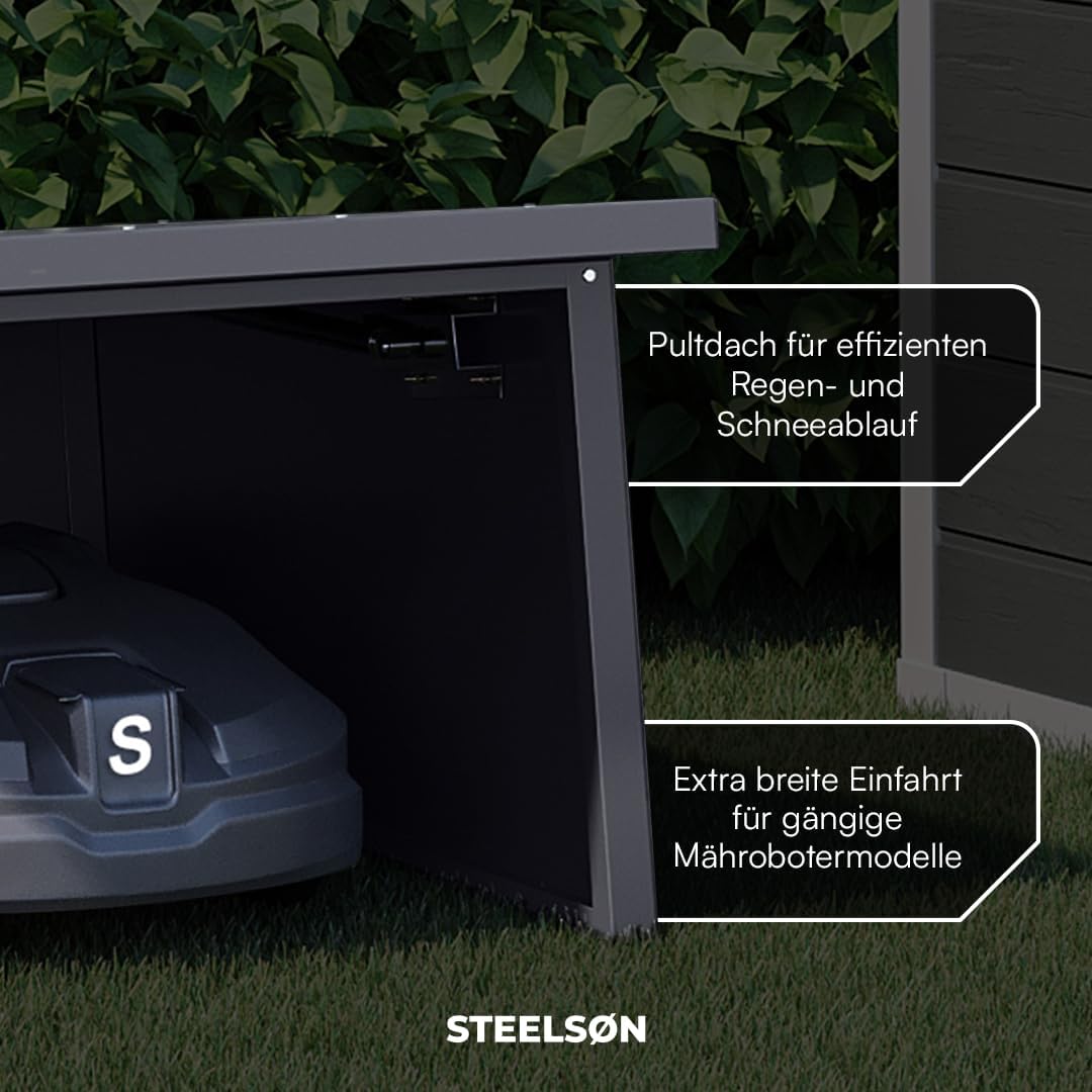 STEELSØN Drakon Mähroboter Garage Anthrazit – Rasenmähroboter Überdachung aus verzinktem Stahl – Rasenmäher Roboter Haus aufklappbares Pultdach – Rasenmäher Garage UV- & wetterbeständig 53/42x77x90 cm