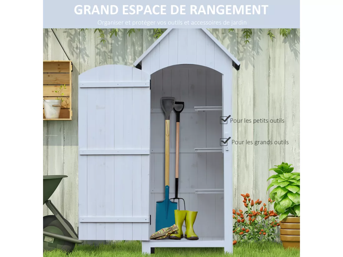 Armoire abri de jardin remise pour outils 3 étagères porte loquet toit pente bitumé dim. 77L x 54l x 179H cm bois sapin pré-huilé blanc
