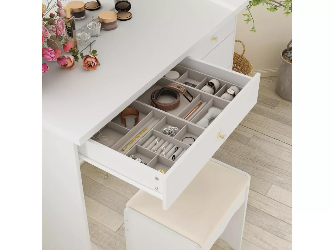 Coiffeuse avec miroir et 5 tiroirs Compariment ouvert Tabouret Blanc Chambre 50x100x135cm