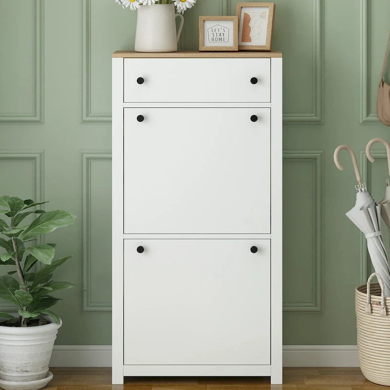 Entryway Organizer with 2 Drawers,Wood Grain Pattern Top Shoe Cabinet with Drawer, Free Standing Shoe Rack with Adjustable Panel