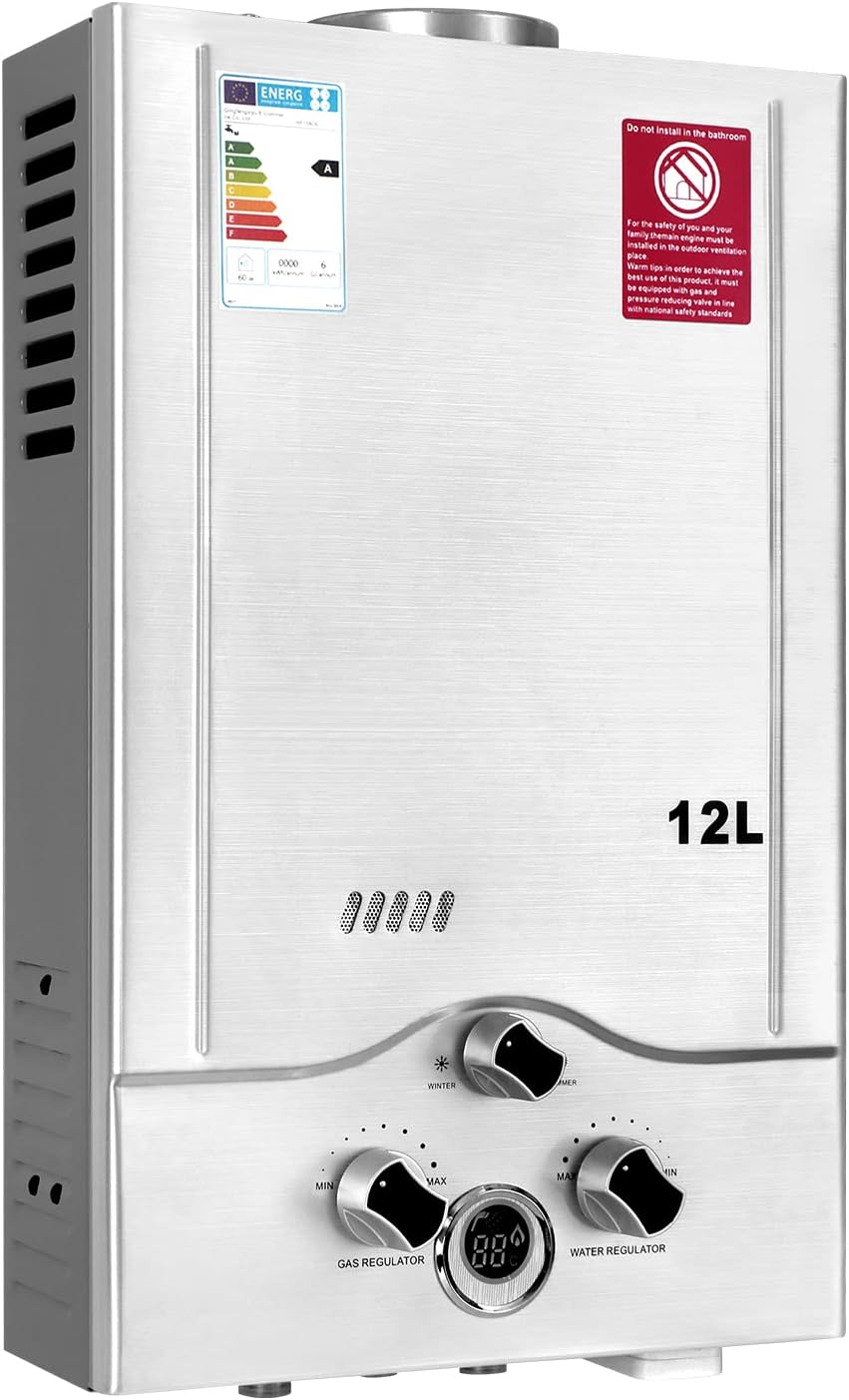 12LPM Gasdurchlauferhitzer,24KW LPG Durchlauferhitzer mit Super Niedrigem 0,2 bar Startwasserdruck,für Zuhause,Wohnmobile,Kabinen,Scheunen,Geeignet für Propan & Butan Silber