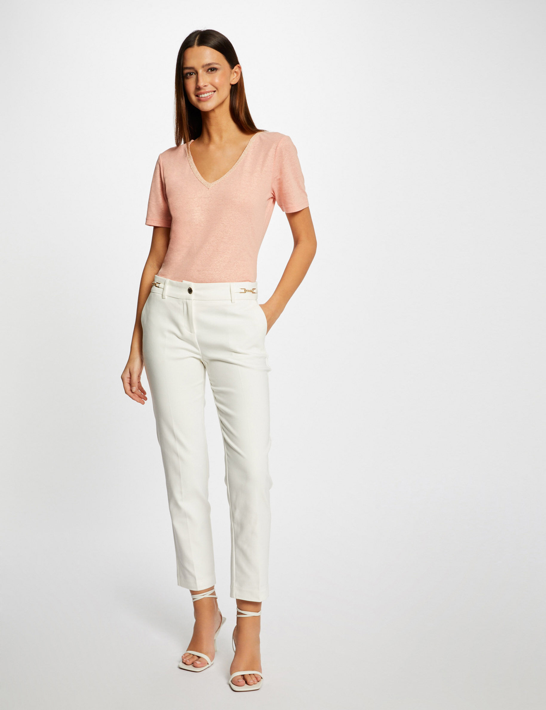 Pantalon cigarette 7/8ème à ornements ecru femme - ecru