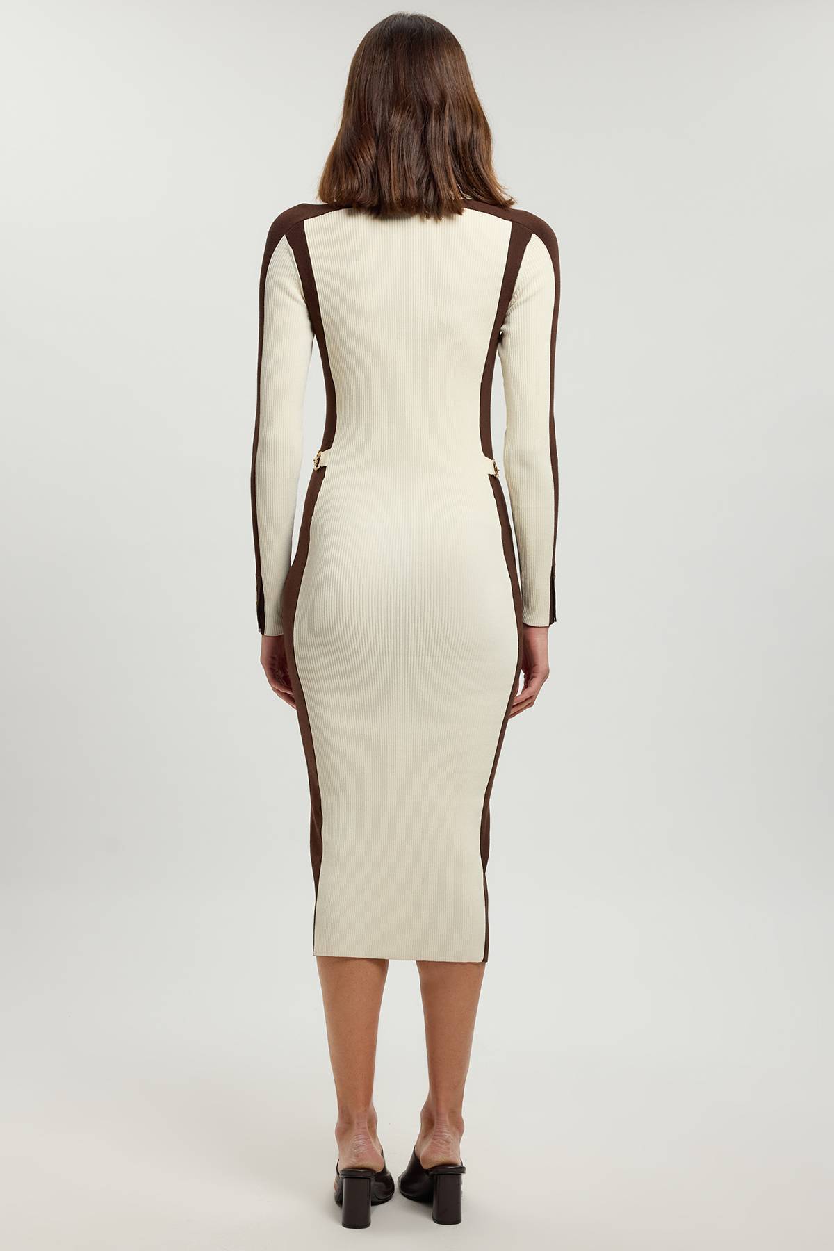 KarenMillen Robe Midi Tricotée En Viscose Côtelée Avec Boutons Et Blocs De Couleur Contrastés