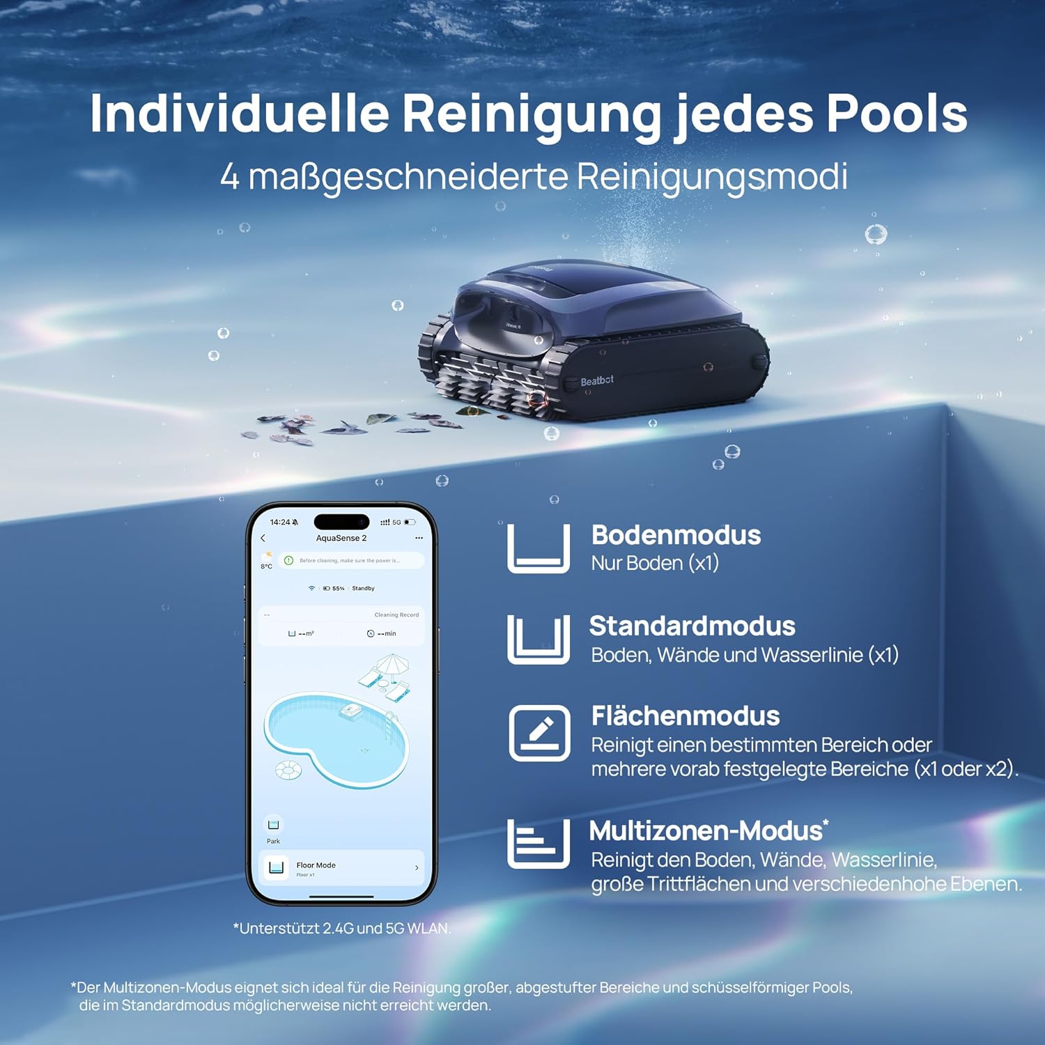 Beatbot AquaSense 2 Poolroboter, Akku Poolsauger mit Oberflächen-Parkfunktion, Poolreiniger Boden und Wand, Doppelte Reinigung der Wasserlinie, für Pools bis zu 300 m²
