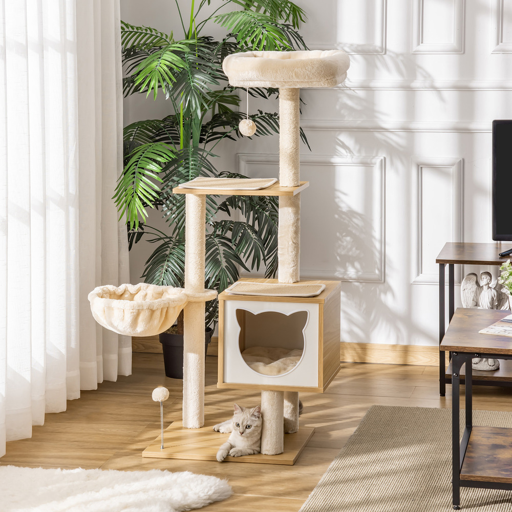 Arbre à chat multi-équipement griffoirs grattoirs niche hamac panier coussins amovibles h126 cm peluche courte sisal naturel beige
