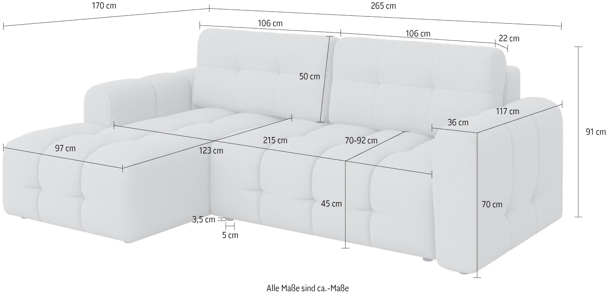 GOODproduct Ecksofa »Manilla, wahlweise mit Bettfunktion, B/T/H 265/170/91 cm« L-Form mit Recamiere rechts/links bestellbar, Wellenunterfederung