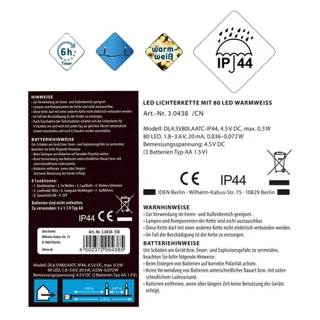 Idena 80er LED Lichterkette, warmweiß, innen und außen, 8 Funktionen, batterieb., Timer