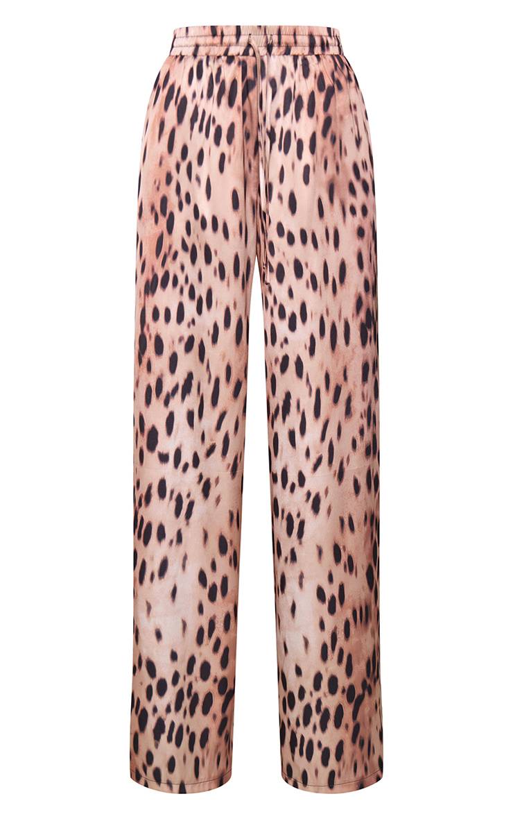 Marron Pantalon À Cordon En Satin Imprimé Guépard