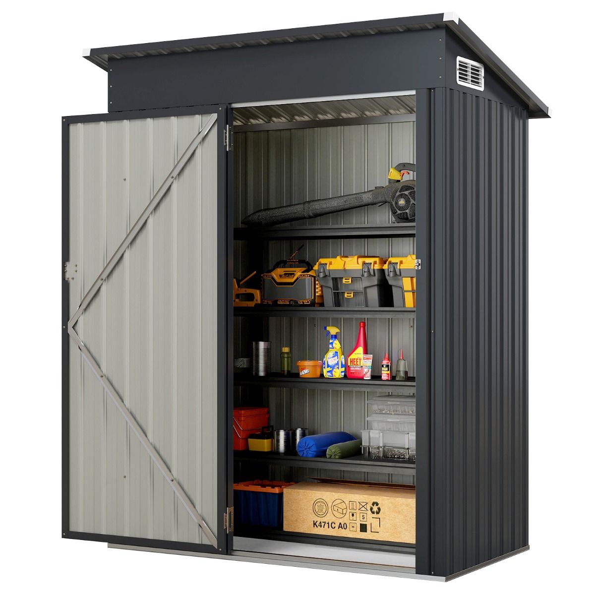 Abri de Rangement Toutes Saisons Abri à Outils Utilitaire avec Toit en Pente Porte Ouvrante Aérations Cadre en Métal Galvanisé Gris - Lidl-Manfred