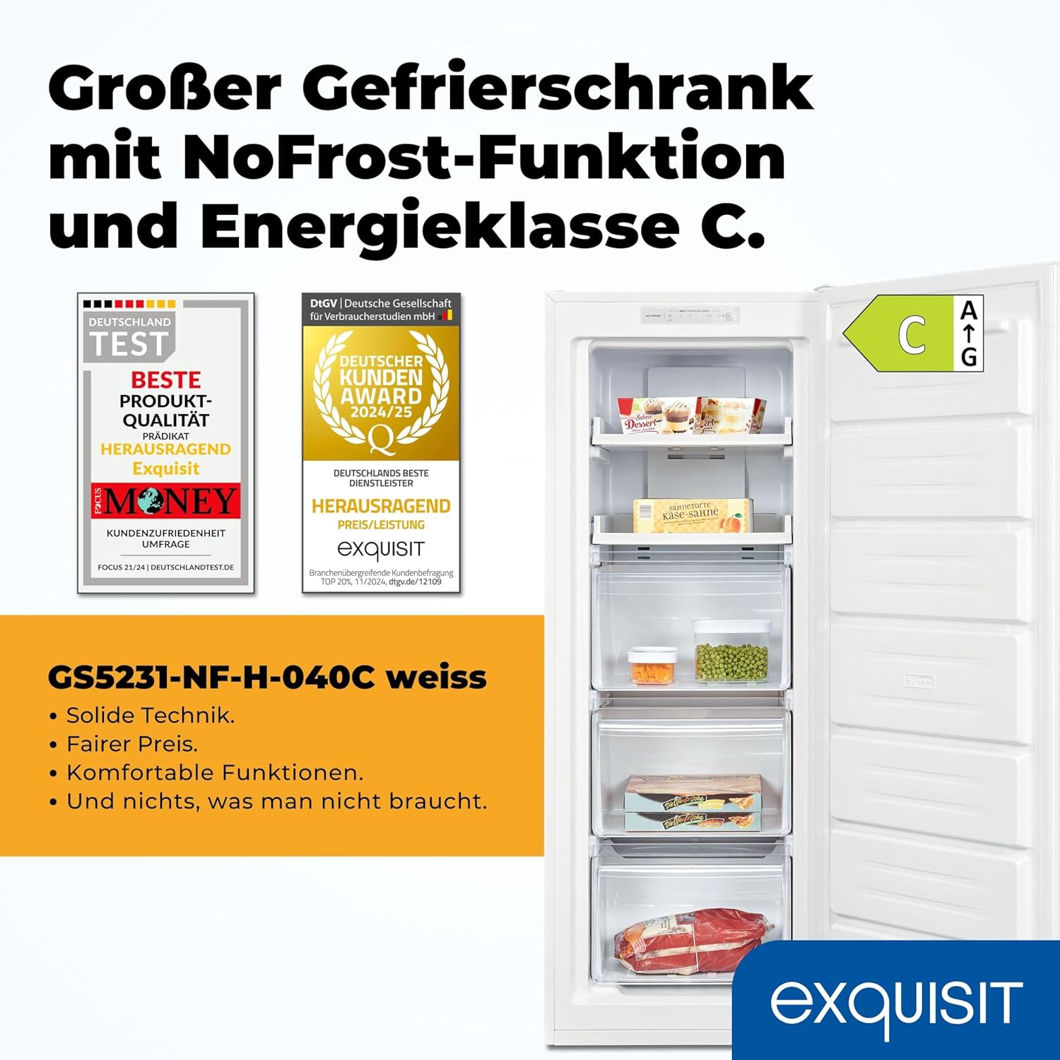 Exquisit Gefrierschrank | 161 l Nutzinhalt, Energieklasse C, 39 dB(A) | NoFrost, Schnellgefrieren, elektronische Temperaturregelung, Türalarm, wechselbarer Türanschlag | GS5231-NF-H-040C weiss