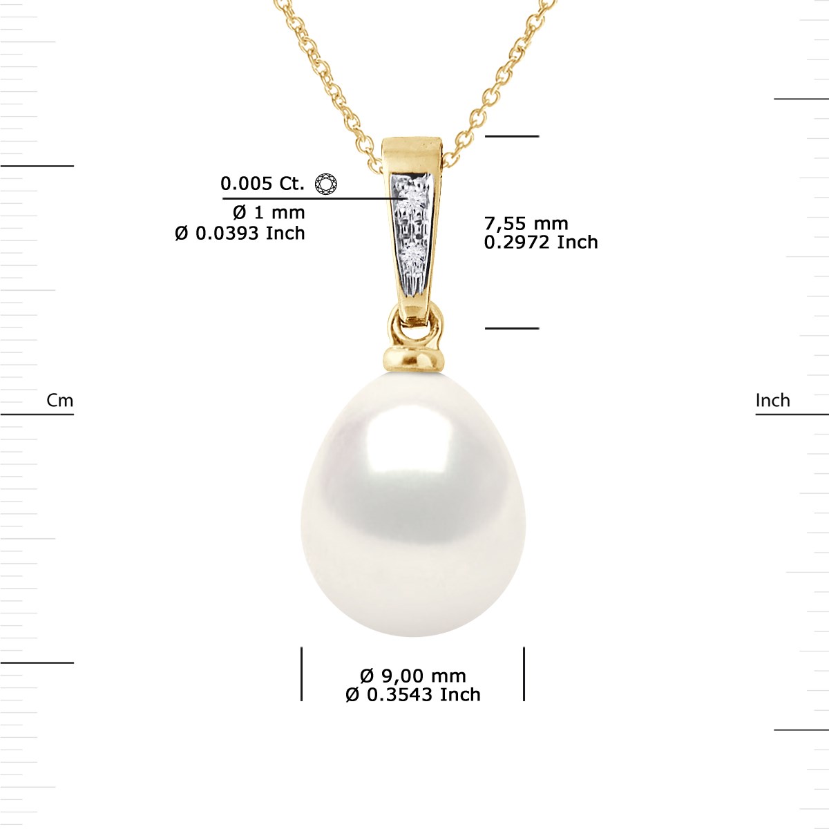 Pendentif Joaillerie Diamants 0,01 Cts - Véritable Perle de Culture d'Eau Douce Poire 9-10 mm - Blanc Naturel - Or Jaune