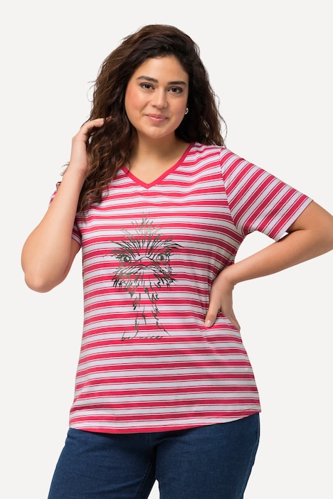 T-Shirt, Ringel, Metallic-Tiermotiv, V-Ausschnitt, Halbarm