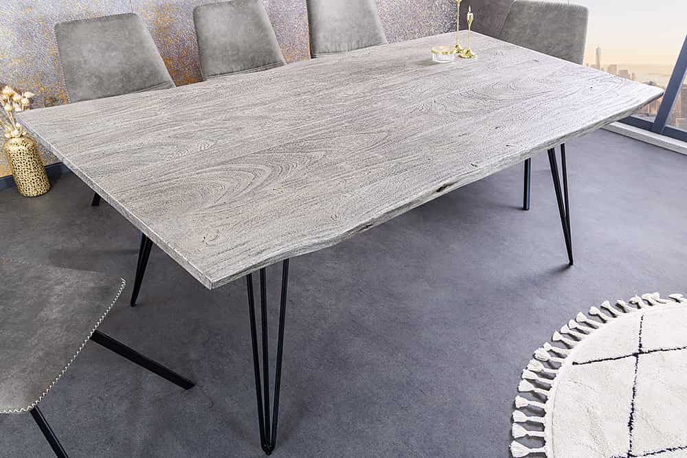 Massivholz Esstisch SCORPION 140cm grau Akazie Baumkante schwarze Metallbeine Hairpin Legs