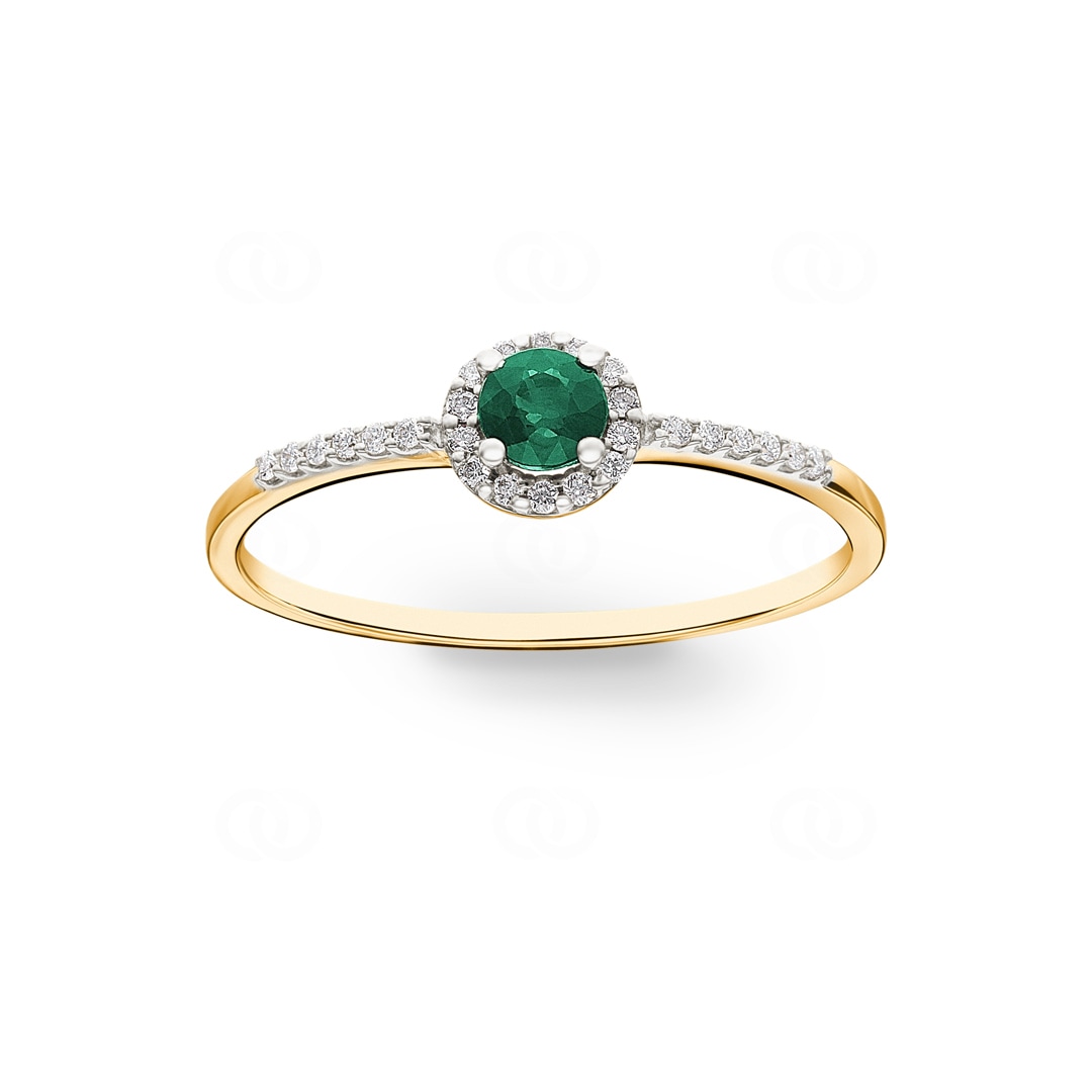 Damenring 750/18 K Gelbgold mit Smaragd rund und Diamanten 0.07 ct H/si