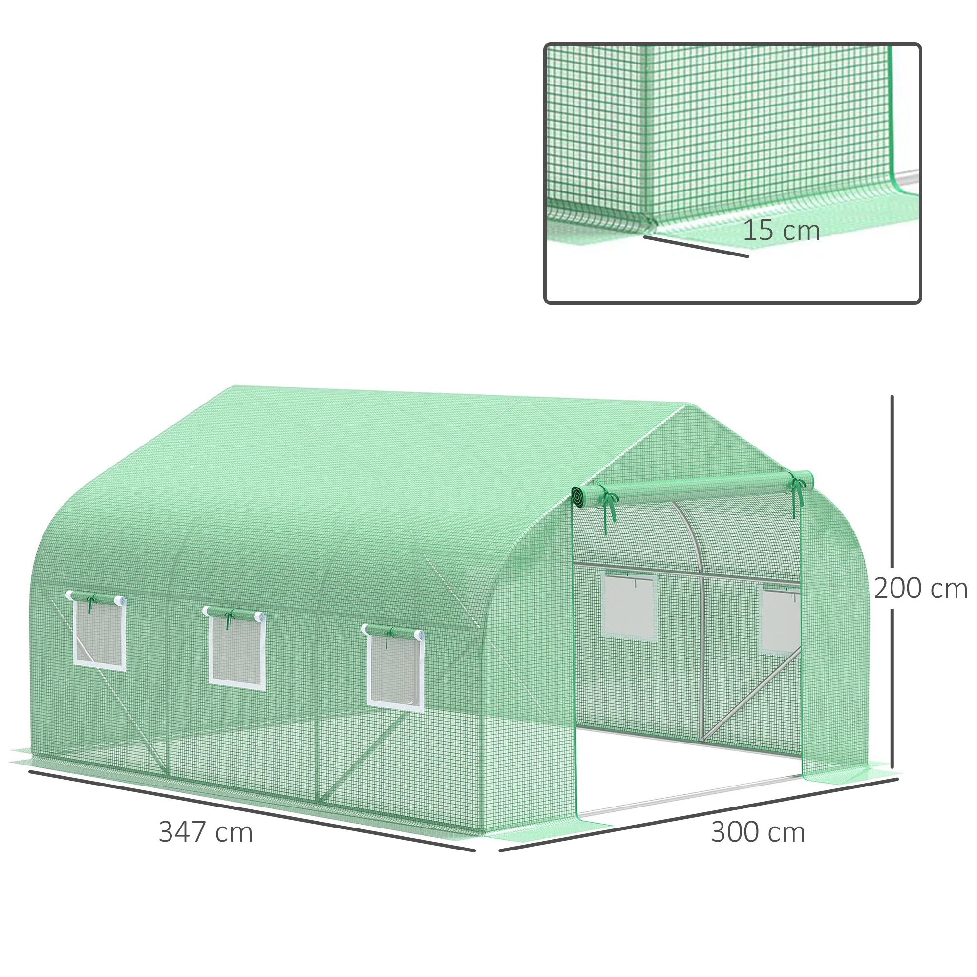 Capa de substituição Outsunny para estufa túnel 347x300x200 cm em polietileno com 7 janelas de malha respirável e porta de enrolar para proteção de plantas e jardins.