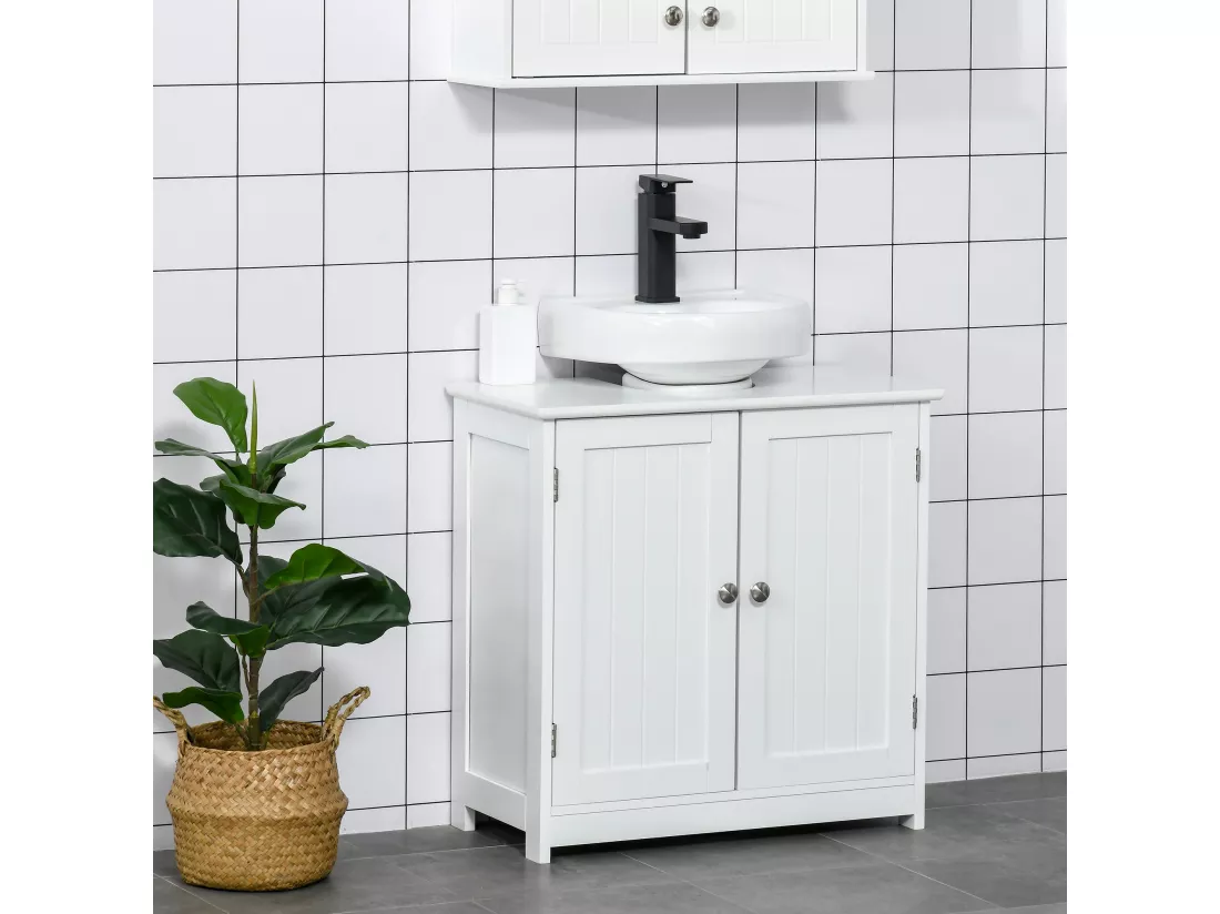Meuble vasque - meuble sous-vasque - 2 portes rainurées avec étagère réglable - poignées métal chromé - dim. 60L x 30l x 60H cm - MDF blanc