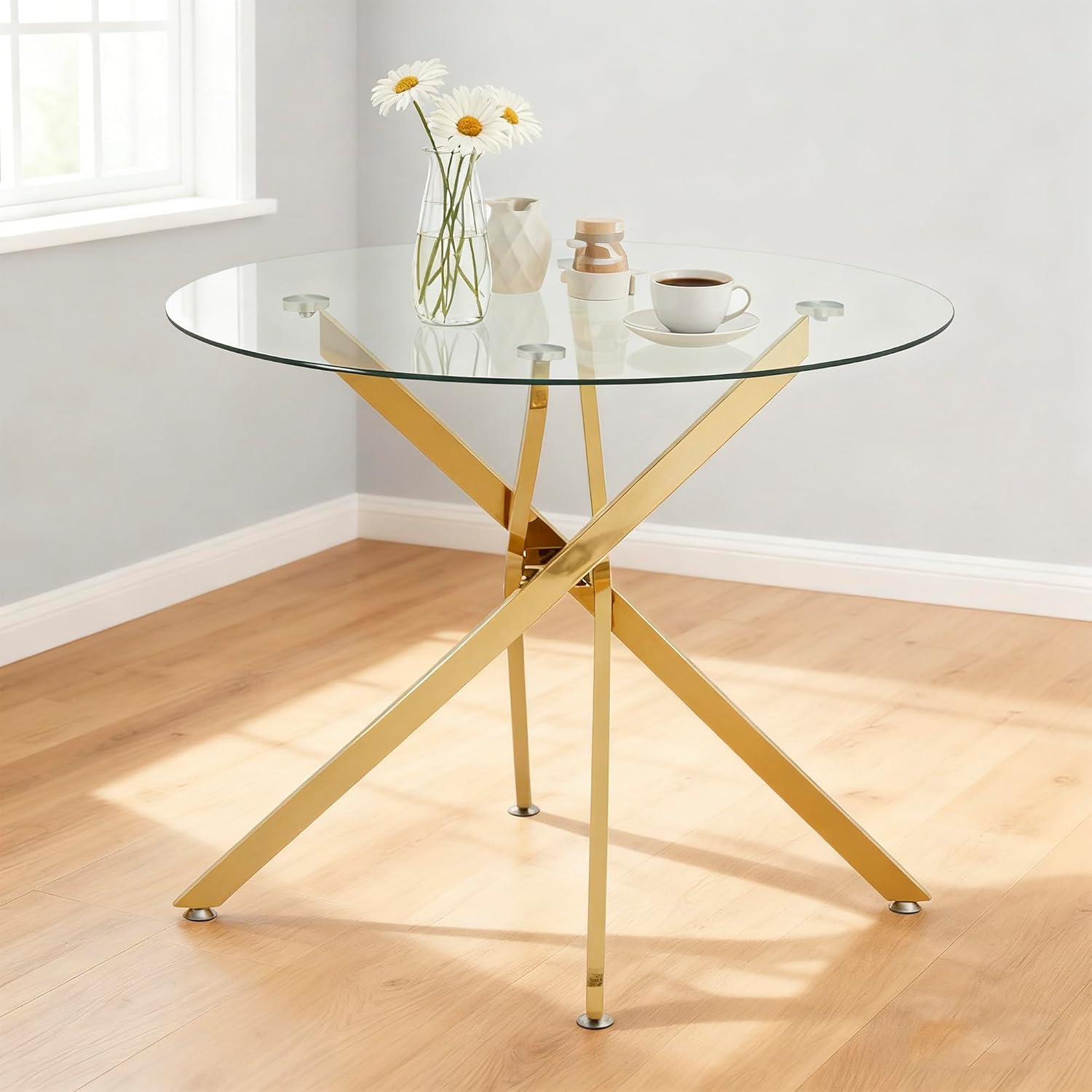 IANIYA Goldener Runder Esstisch aus Gehärtetem Glas 80 cm, Moderner Esszimmertisch für 2-4 Personen, Multifunktionaler Couchtisch & Kleiner Küchentisch, Minimalistischer Tisch für Küche & Esszimmer