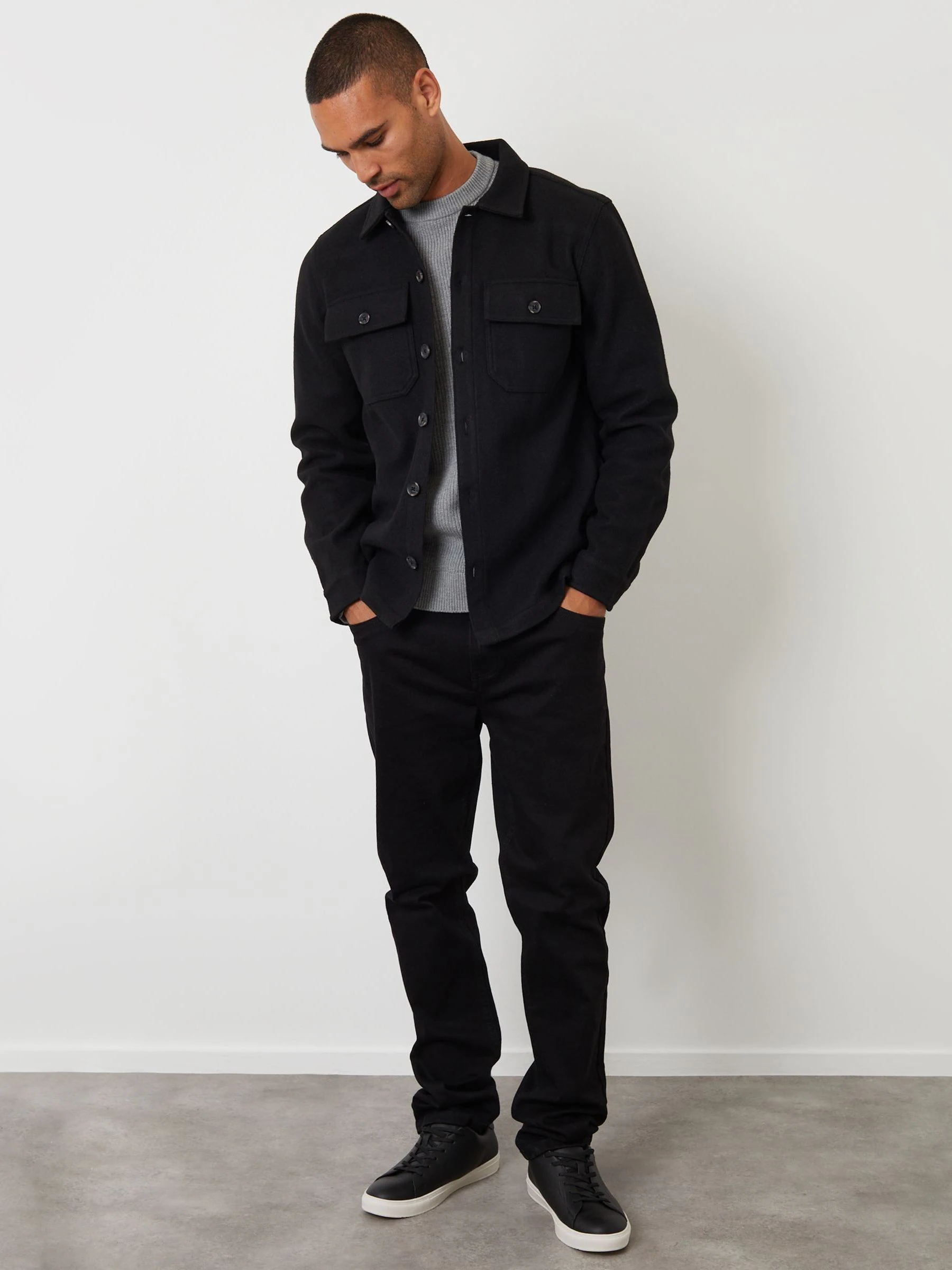 Zwart - Threadbare imitatiebont wollen knoopsluiting overshirt