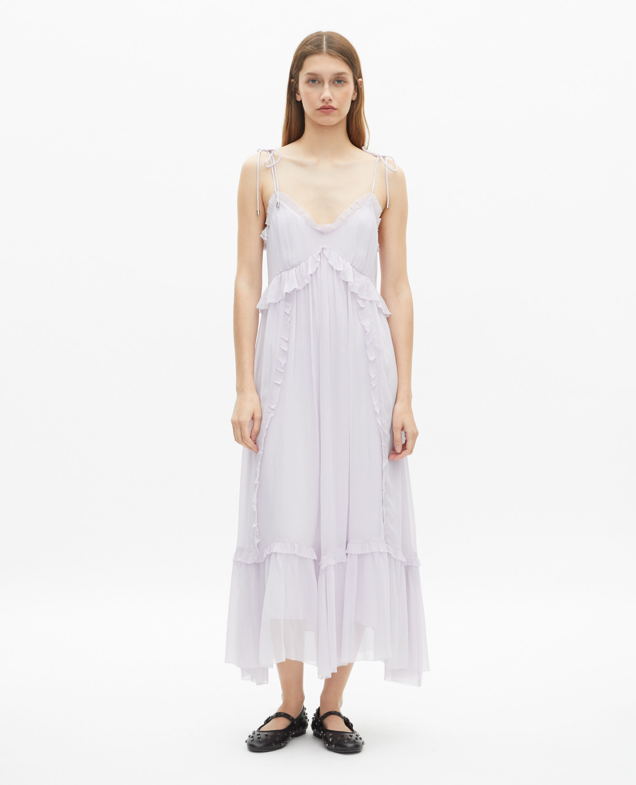 Robe longue avec volants lilas