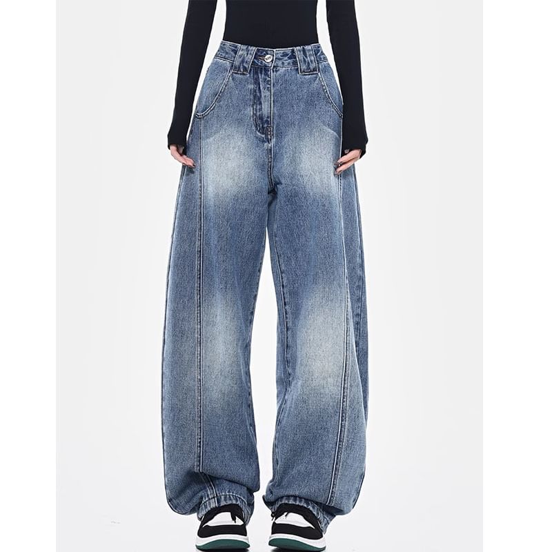 Klevy - Mid Waist Washed Baggy Jeans