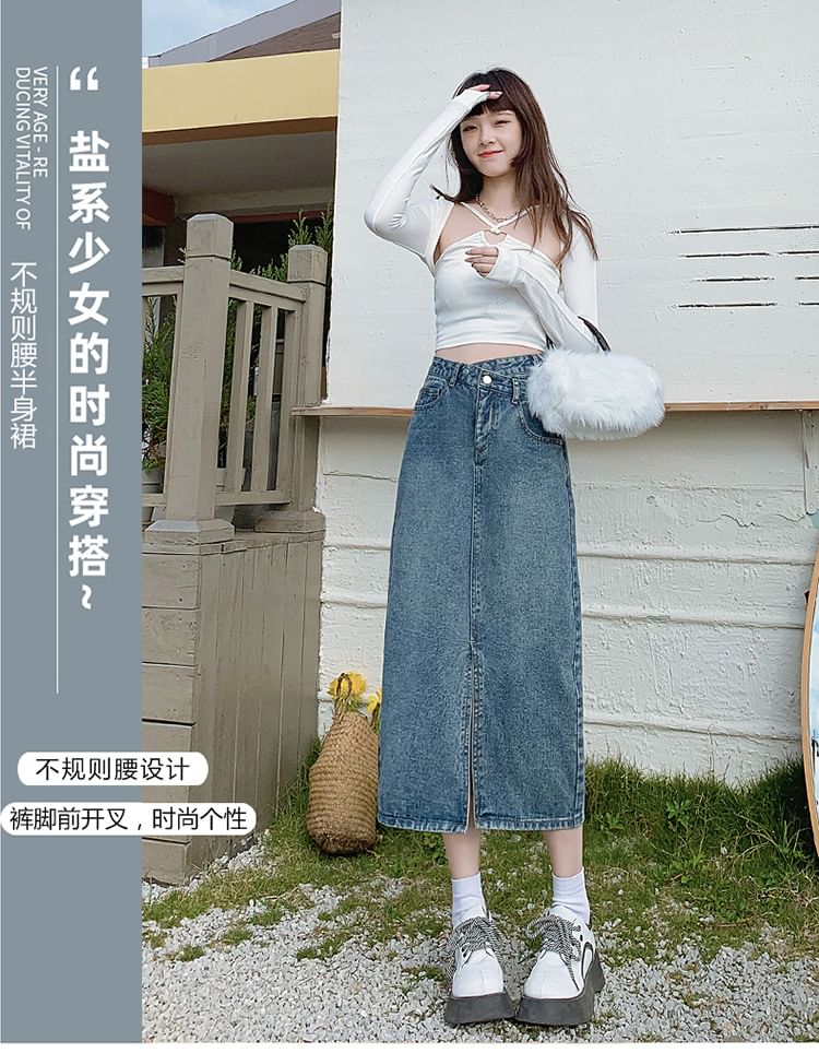 Denimot - Denim midi-kokerrok met hoge taille en split